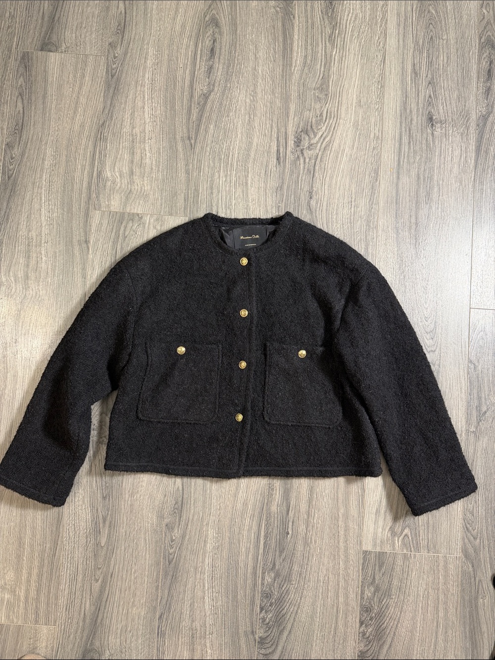 Massimo Dutti wool Black Bouclé Gold-Button Jacket